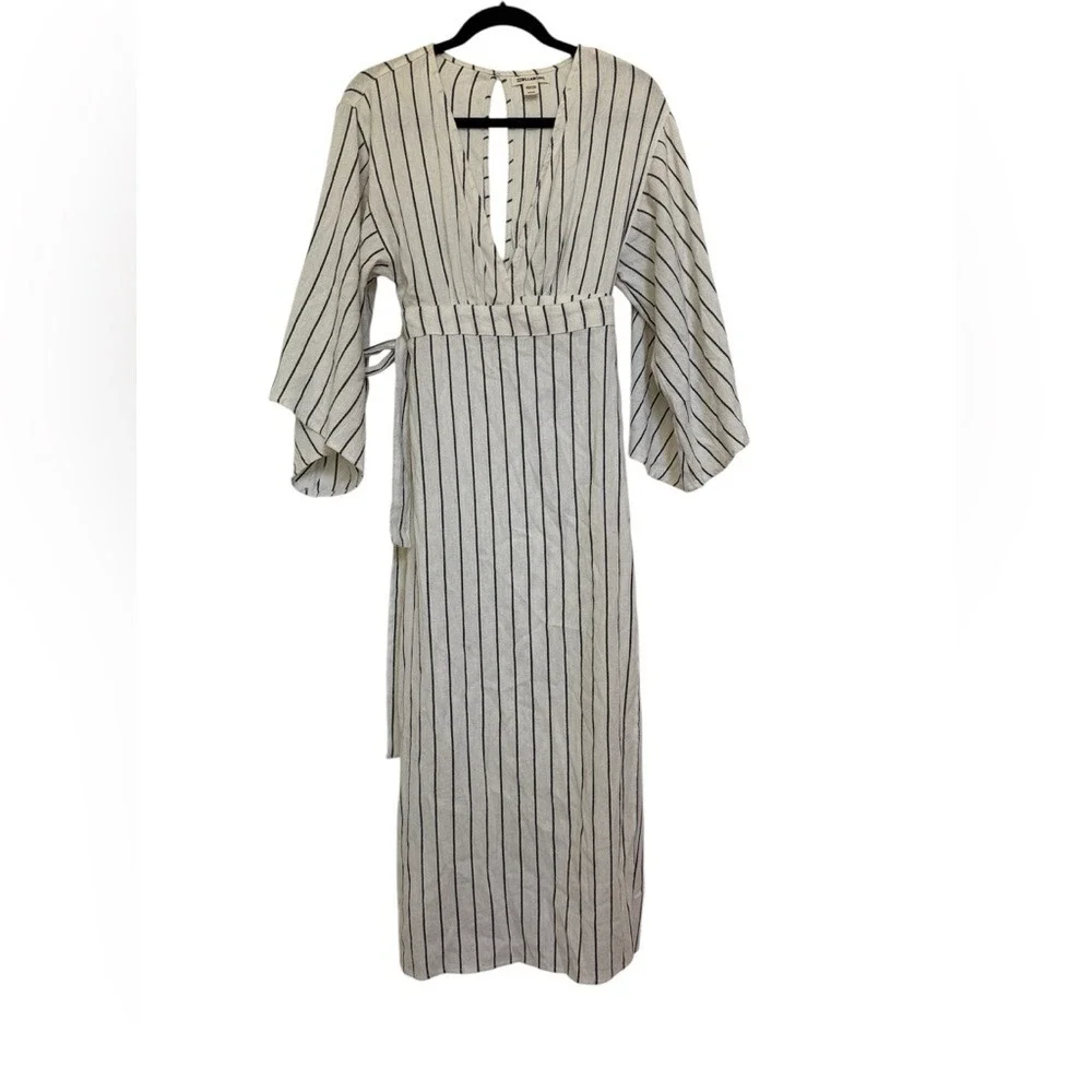 Billabong Striped Midi Wrap Dress Bell Sleeves V Neck Tie Waist Beach Vacation - Picture 2 of 14